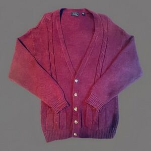 Finalist Cable Knit Cardigan Sweater Womens Large Vintage Burgundy Ramie Cotton